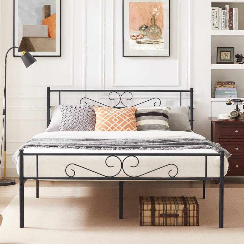 Modern Platform Bed Frame with Premium Graceful Scroll Headboard Twin/Full/Queen