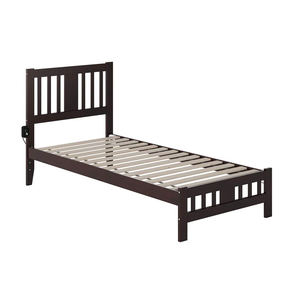 Twin XL Bed with Footboard - Espresso Solid Wood, Headboard & Charger