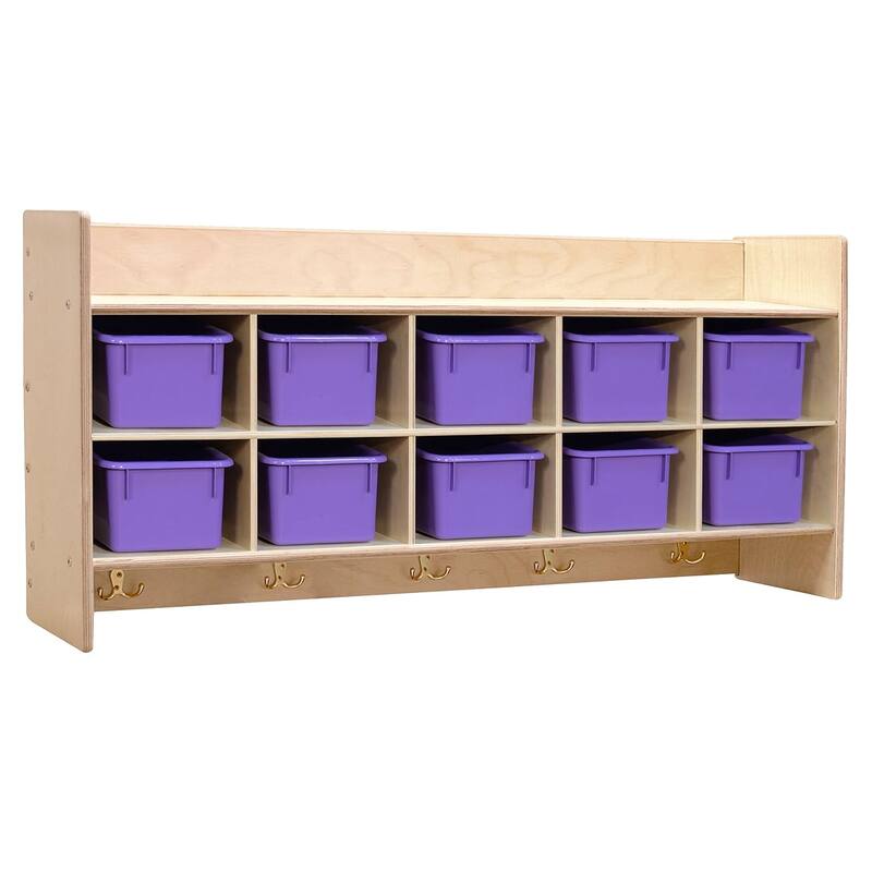 Contender 10 Section Cube Wall Mounted Shelf with Purple Storage Containers for Organizing Toys, Games, School