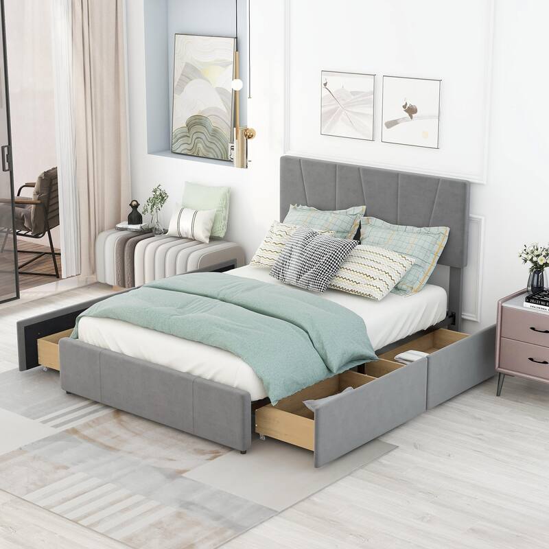 Full Size Upholstery Platform Bed with Four Drawers on Two Sides Bed Bath & Beyond 39220012