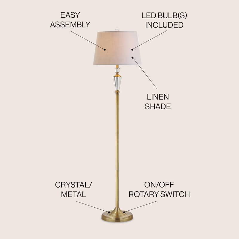 Evelyn 61" Crystal / Metal LED Floor Lamp, Brass Gold/Clear by JONATHAN Y - Brass Gold/Clear - 61" H x 15" W x 15" D