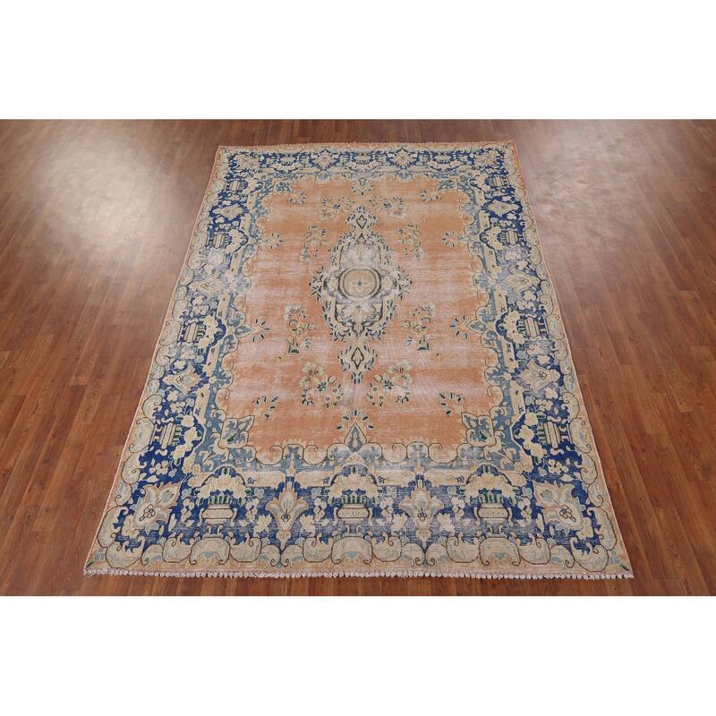 Distressed Kerman Vintage Persian Area Rug Handmade Wool Carpet - 6'4" x 8'11"