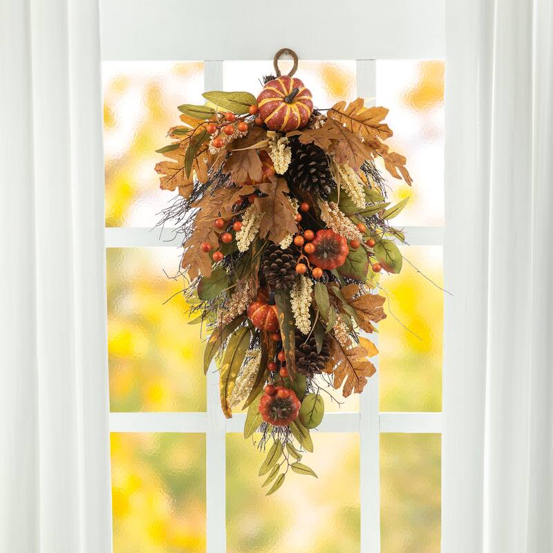Glitzhome 26"H Fall Sunflower Pumpkin Lotus Leaf Teardrop Swag Wreath Thanksgiving