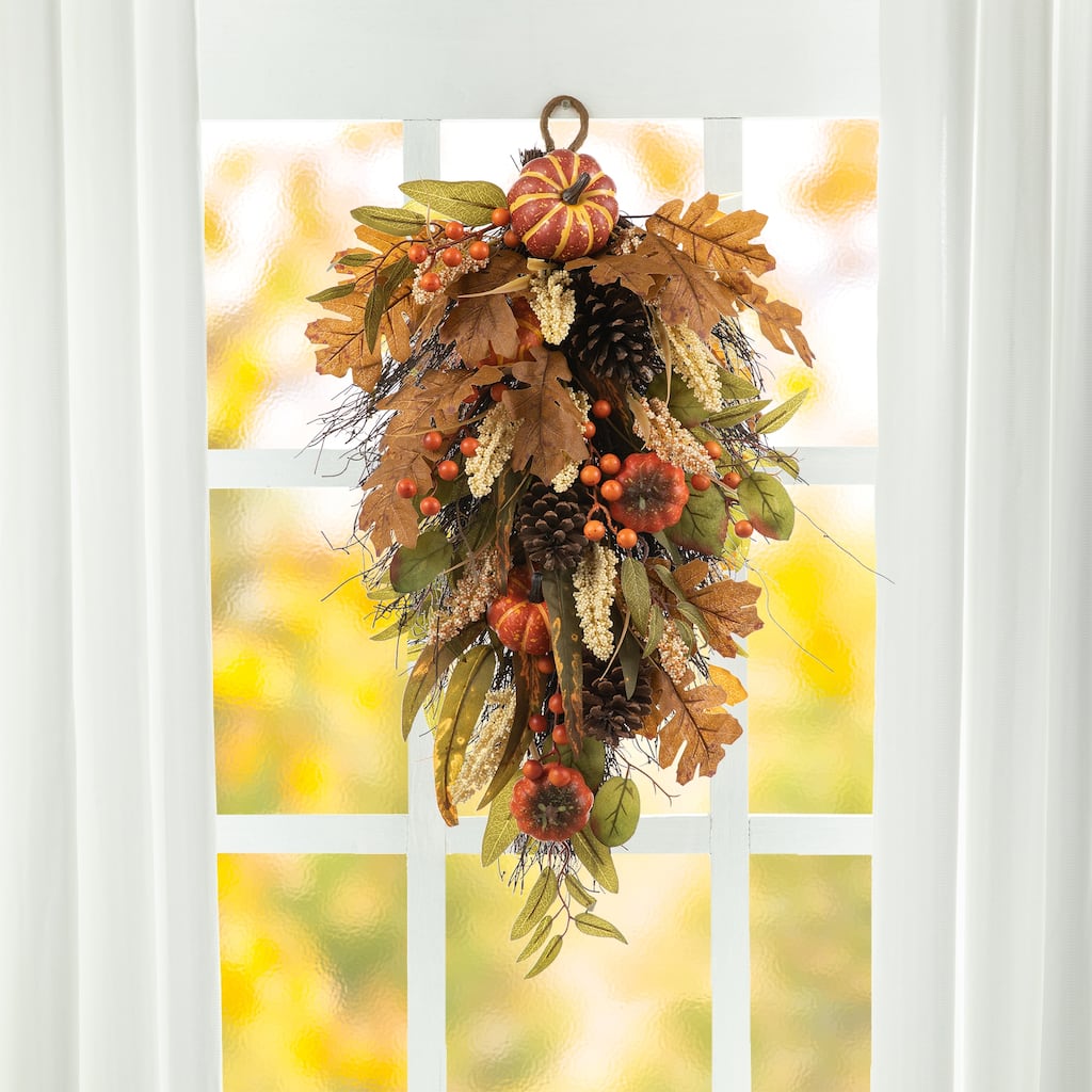 Glitzhome 26"H Fall Sunflower Pumpkin Lotus Leaf Teardrop Swag Wreath Thanksgiving