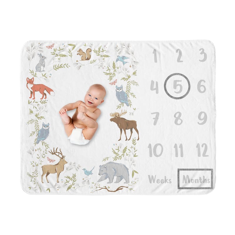 Woodland Animal Toile Boy Girl Baby Monthly Milestone Blanket - Grey Green Brown Forest Bear Deer Fox Owl Bunny Bird Neutral
