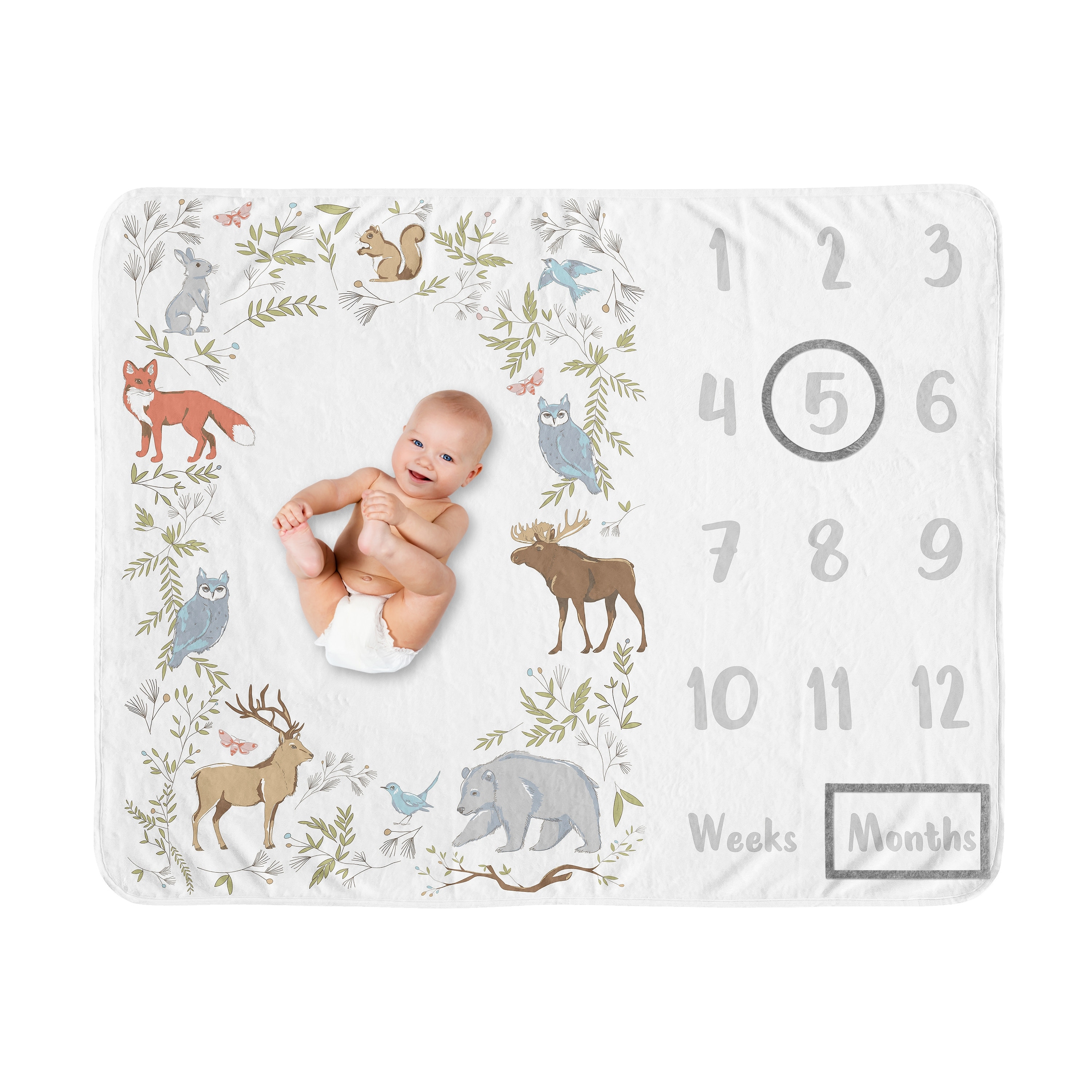 Woodland Animal Toile Boy Girl Baby Monthly Milestone Blanket - Grey Green Brown Forest Bear Deer Fox Owl Bunny Bird Neutral