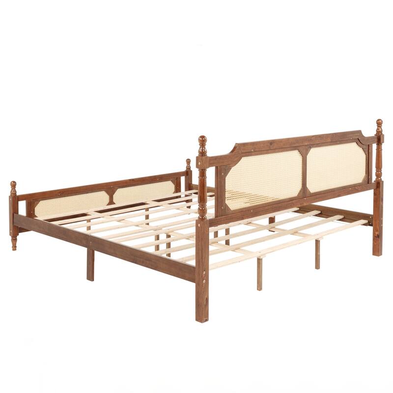 King Pine wooden Bed with Rattan Headboard and Footboard, with Central Enhanced Bed Platform