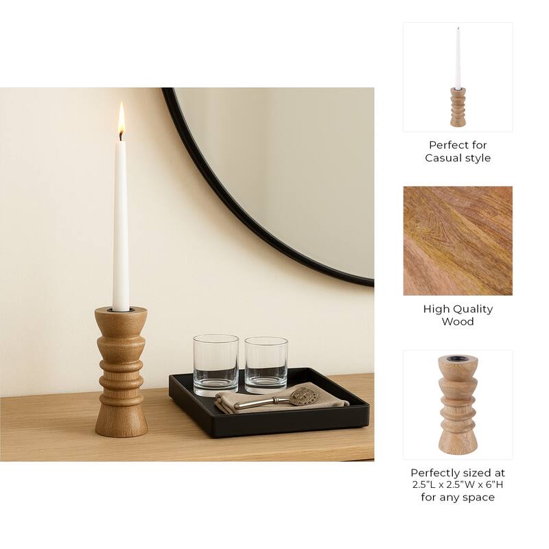 Mango Wood Modern Totem Carved Taper Holder - Tan