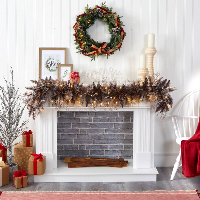 Christmas Garland 6ft Winter Decor with Warm White Lights & Pine Cones - 72