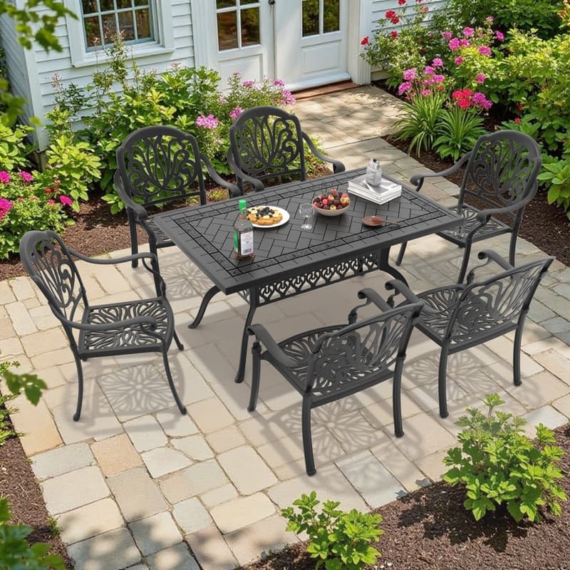 7-Piece Cast Aluminum Outdoor Dining Set with Random Color Seat Cushions