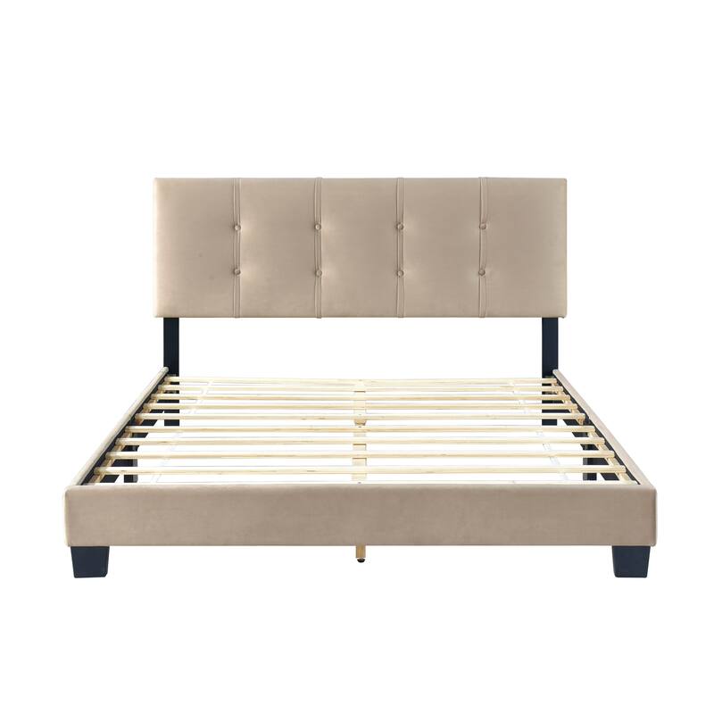 Queen Platform Bed with Adjustable Height Headboard, Light Brown Velvet Upholstery, Solid Wood Frame