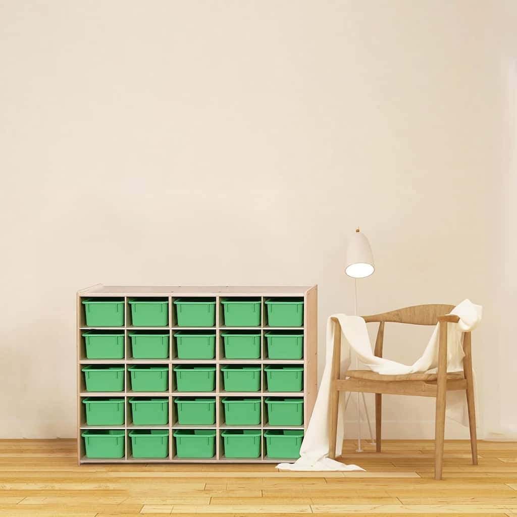 Contender 25 Cubby Storage Shelving Unit With Lime Green Bins, Daycare Organizer For Toys, Puzzles and Craft Supplies