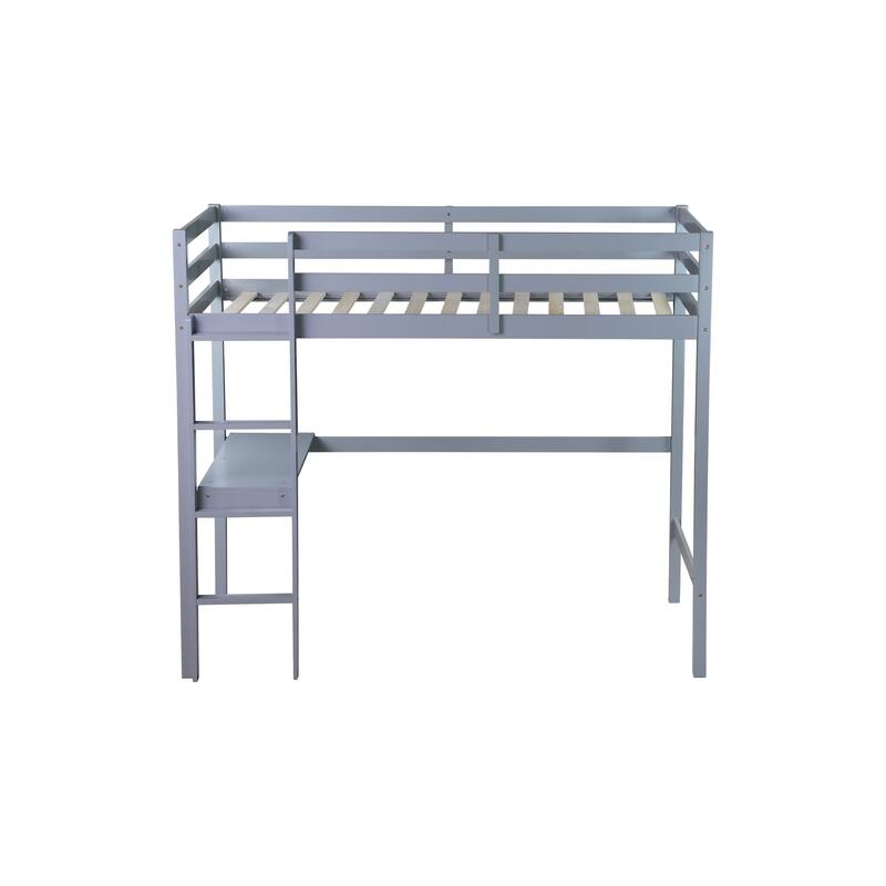 Grey Twin High Loft Bed with Built-in Desk and Safety Guardrail, Rubber Wood Construction
