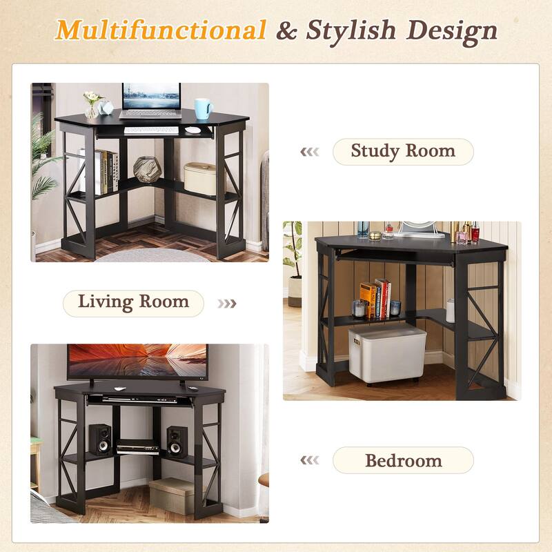 VECELO Triangular Corner Desk with Keyboard Tray Space Saving Metal Computer Desk for Home Office Study Bedroom