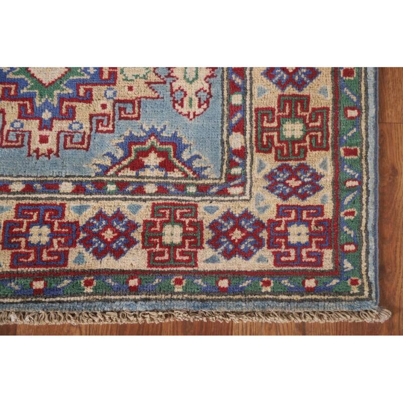 Hand Knotted Oriental 100% Wool Carpet Traditional Geometric Navy Blue & Blues Kazak Area Rug - 6' 4'' X 2' 9''