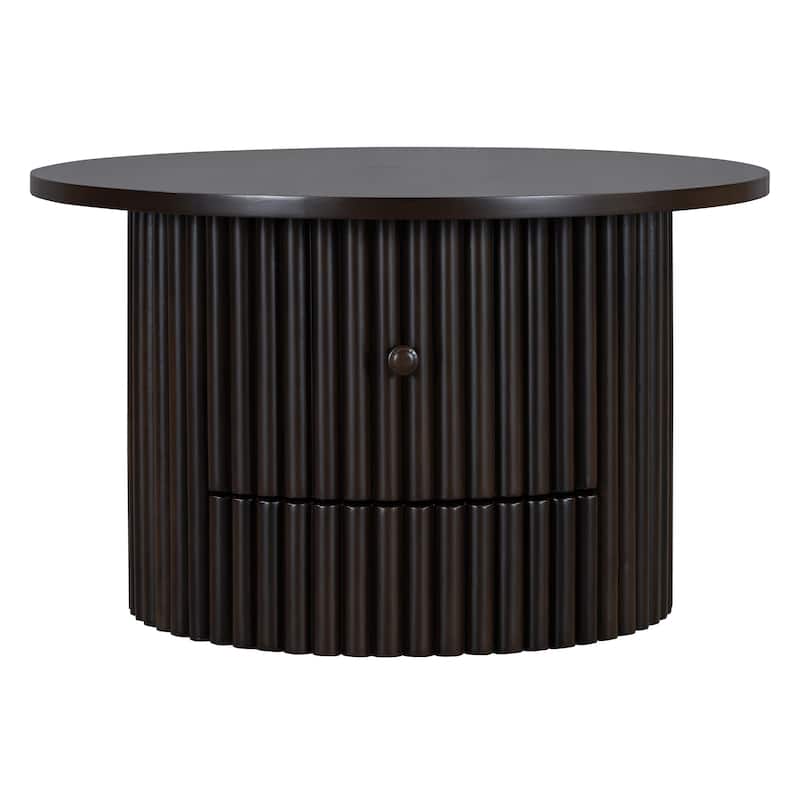 Round Coffee Table for Living Room in Natural, Farmhouse Coffee Table with a Drawer, Center Table with Vertical Slat Base