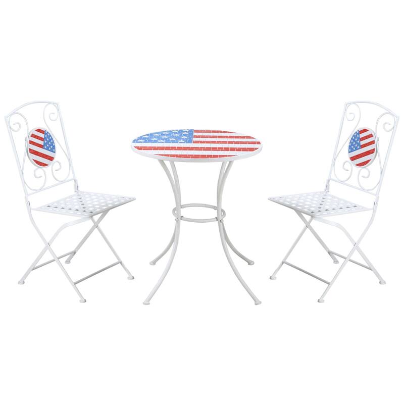 Outsunny 3 Piece Patio Bistro Set with Coffee Table and 2 Folding Chairs, Mosaic American Flag Tabletop and Backs