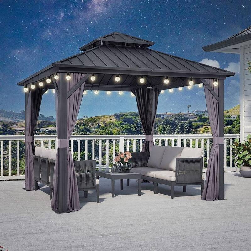 PURPLE LEAF Outdoor Galvanized Steel Hardtop Gazebo, Aluminum Frame Gazebo With Curtains - 10' x 10'(Hot Sale) - Gazebos(With Ligths)