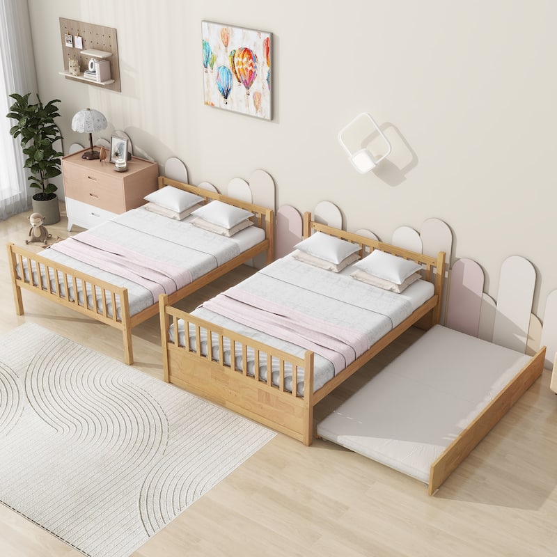 Full Over Full Rubber Wood Bunk Bed with Trundle, Ladder and Guardrails, 2 Full Size Beds, with Twin Size Trundle