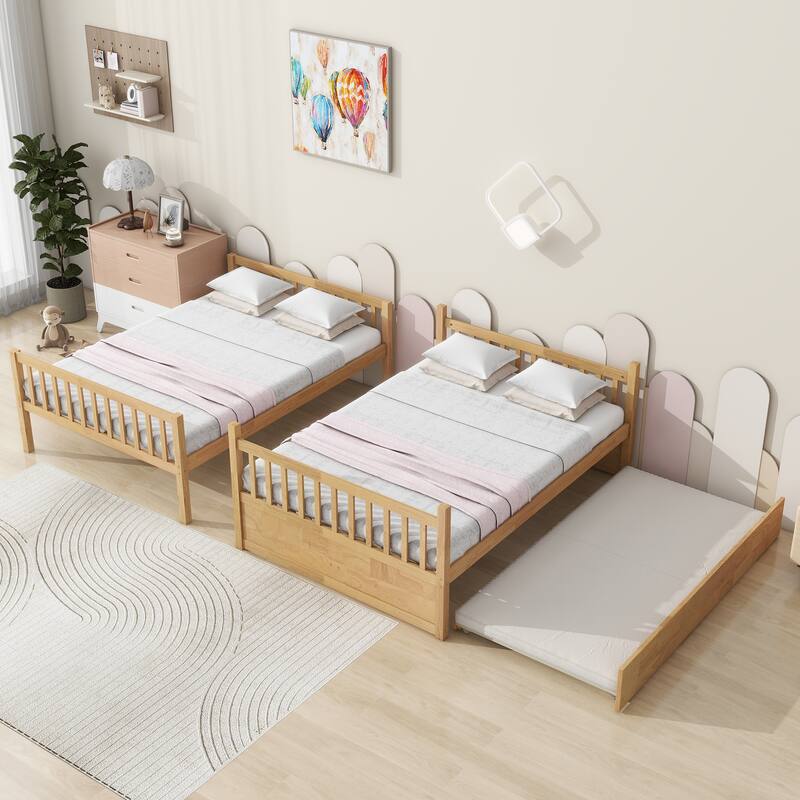 Roomfitters Full Over Full Rubber Wood Bunk Bed with Trundle, Convertible to Two Full Beds with Ladder and Guardrails