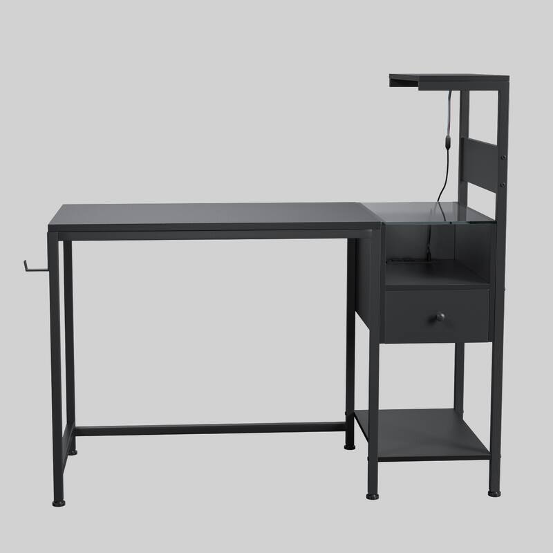 48" Study Writing Desk with Reversible Shelves, USB Charging Ports, LED Lights, and Drawer - Black