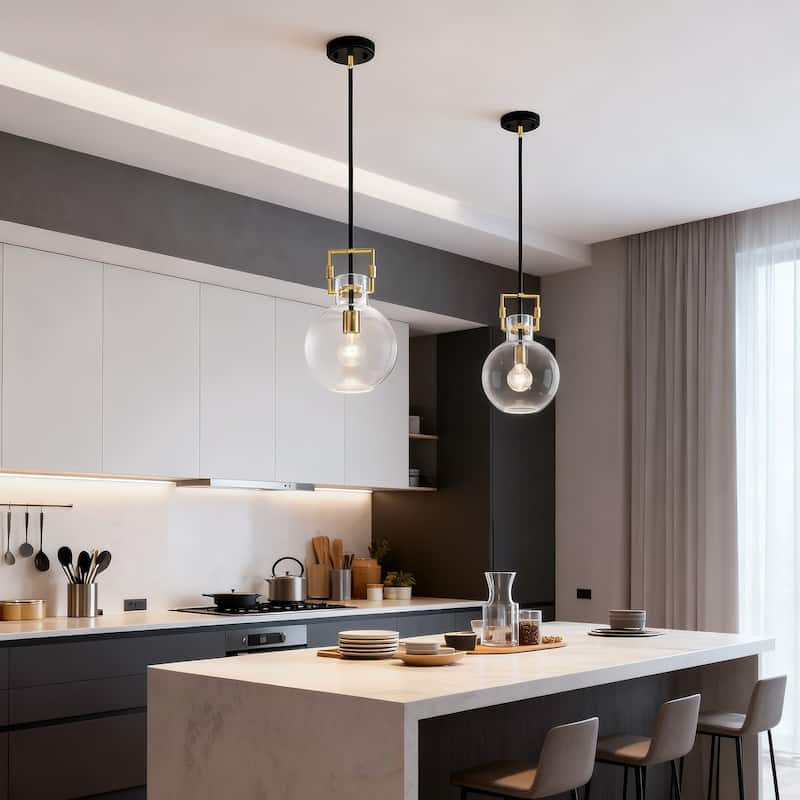 Black and Antique Gold 1-Light 10 Inch Globe Shaped Clear Glass Pendant