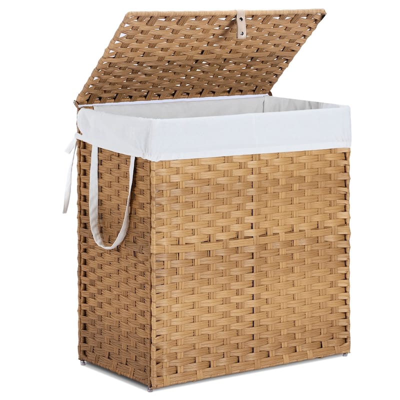 Laundry Hamper with Lid, Synthetic Rattan Clothes Laundry Basket with Lid and Handles, Foldable, Removable Liner