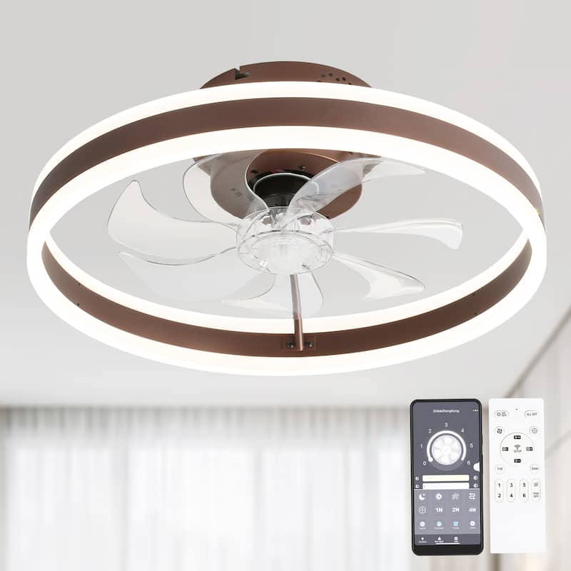 Oaks Aura Modern 20in. Low Profile Ceiling Fan with Light, 6-Speed Flush Mount Ceiling Fan, Smart App Remote Control For Bedroom - Coffee