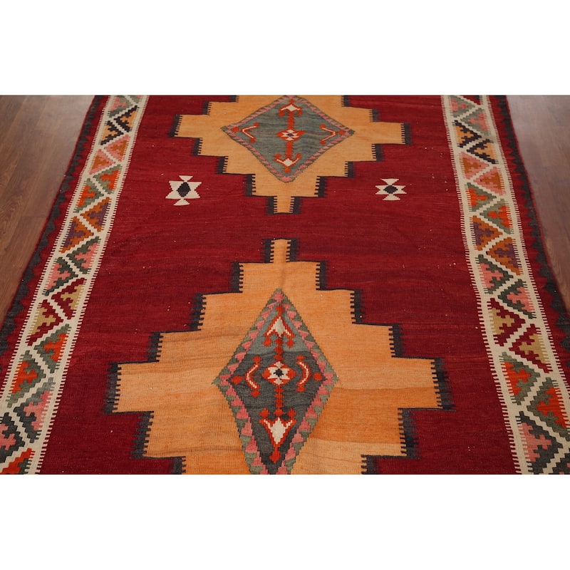 Red Kilim Qashqai Persian Vintage Area Rug Flatweave Wool Carpet - 4'10"x 7'0"