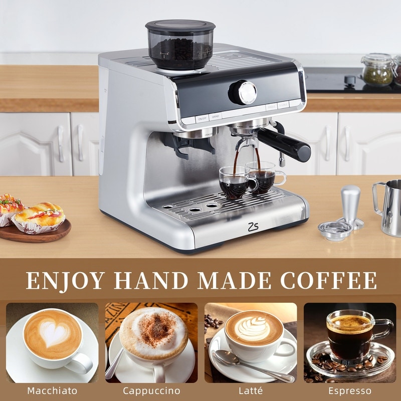 Espresso Machine with Grinder and Milk Frother Steam Wand Silver
