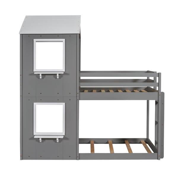 slide 2 of 34, Twin Bunk Bed with House Frame, Ladder & Guardrail - Wood Finish Gray+White