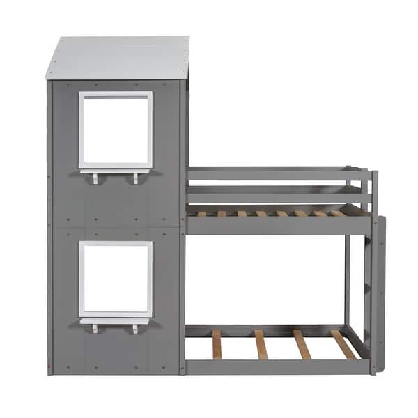 slide 2 of 34, Twin Bunk Bed with House Frame & Ladder - Stylish Wooden Finish for Kids