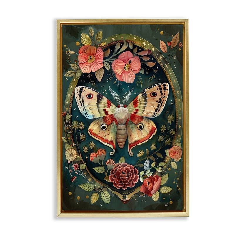 Stupell Victorian Moth & Florals Framed Floater Canvas Wall Art Design By The Dutch Lady - 17 x 25 - Gold