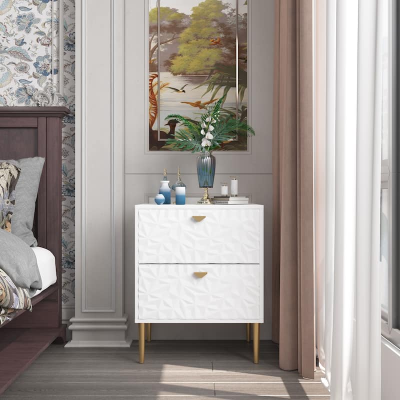 Clihome 2 Drawers High Gloss Storage Accent Nightstand for Bedroom