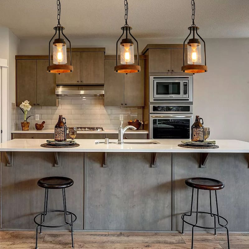 Anmytek Farmhouse 1-Light Black Cage Pendant Light Cylinder Glass Kitchen Island Lights for Dining Room - 7.1"D x 14.5" H