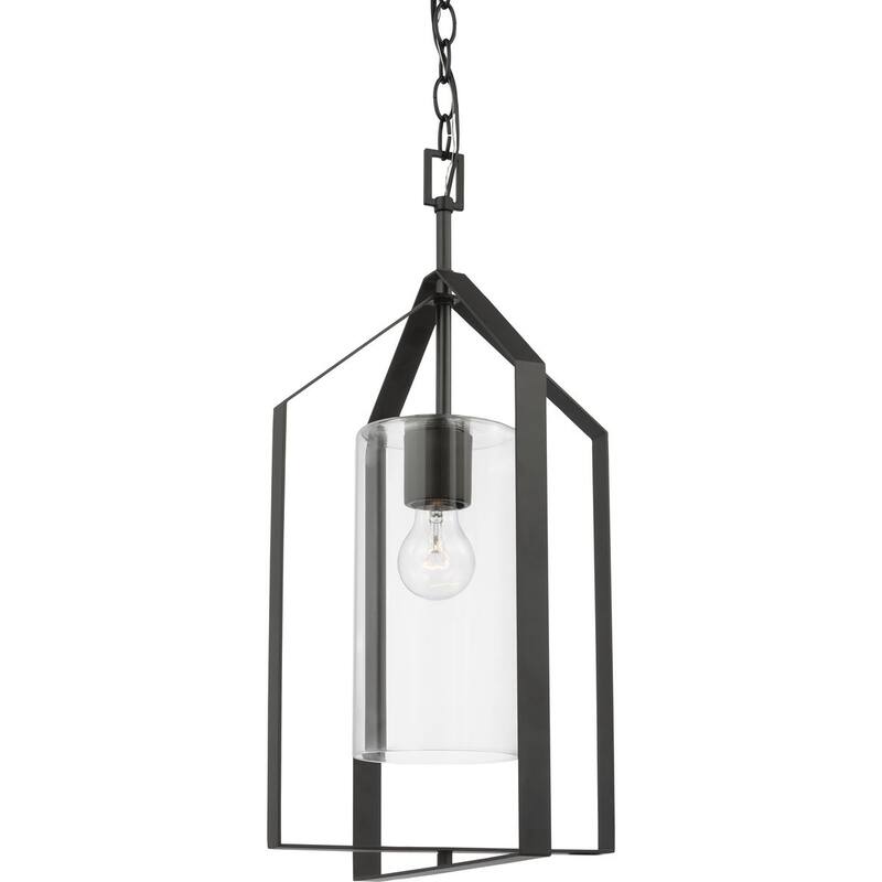 Vertex Collection One-Light Matte Black Clear Glass Contemporary Foyer Light - 12 in x 12 in x 22.5 in