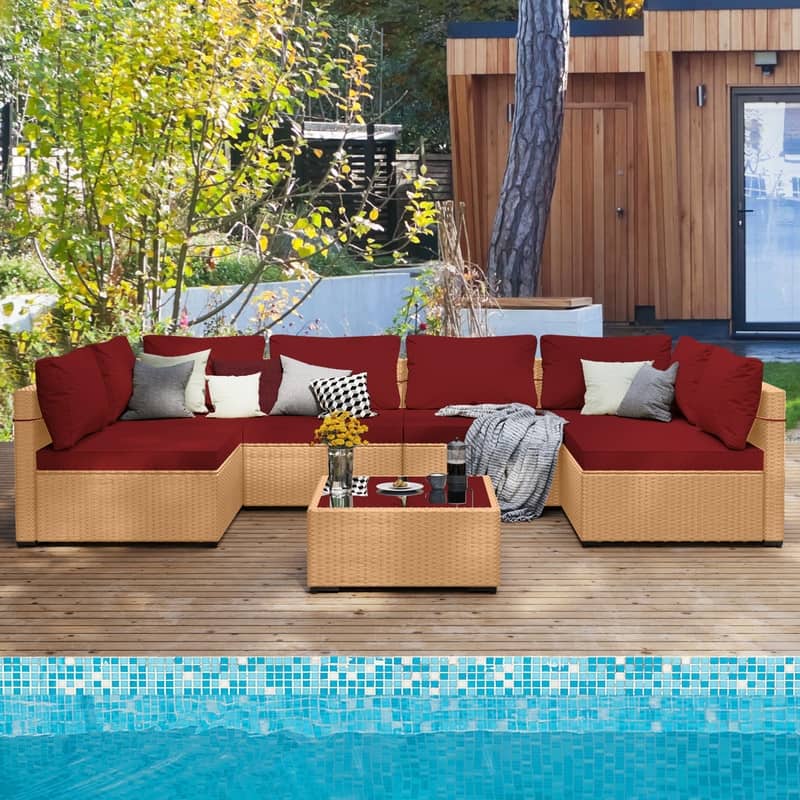 Patio Watcher 7-Piece Patio Yellow Wicker Sectional Seating Group with Cusions and Side Table