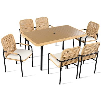 7 Pieces Patio Dining Set, Iron Frame, Outdoor Wicker Dining Table and 6 Chairs Set Umbrella Hole and Removable Cushions