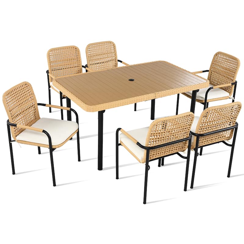 7 Pieces Patio Dining Table Set, Outdoor Wicker Furniture Set, Plastic Wood Table Top with Umbrella Hole for Backyard, Garden