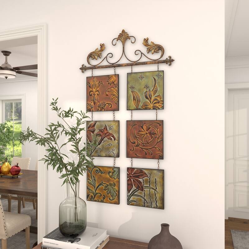 Multi Colored Metal Embossed Floral Home Wall Decor with 6 Suspended Panels and Scroll Details