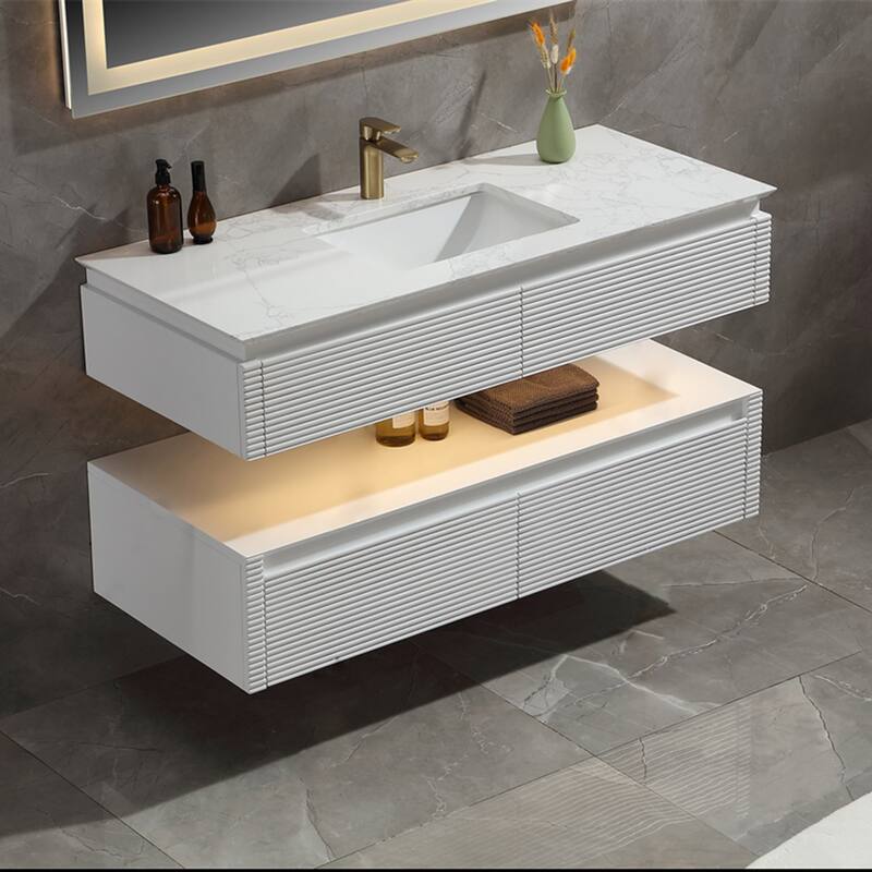 48 Inch Solid Wood Wall-Mounted Bathroom Vanity Set in Green/ White with Engineered Stone Top and Ceramic Sink