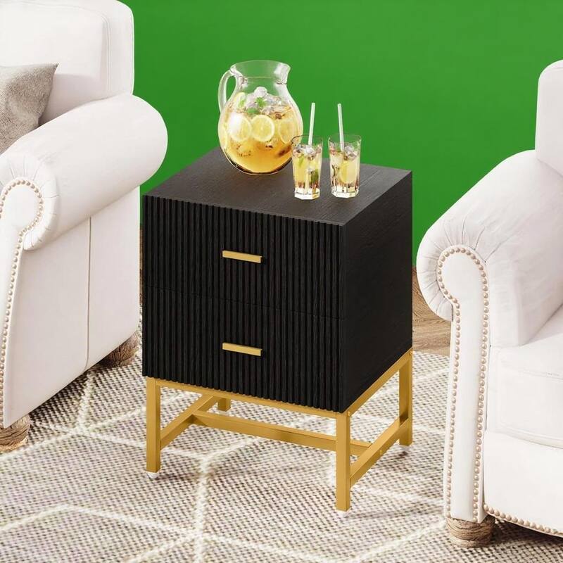 Black Gold Wood and Metal Nightstand with 2 Striped Storage Drawers