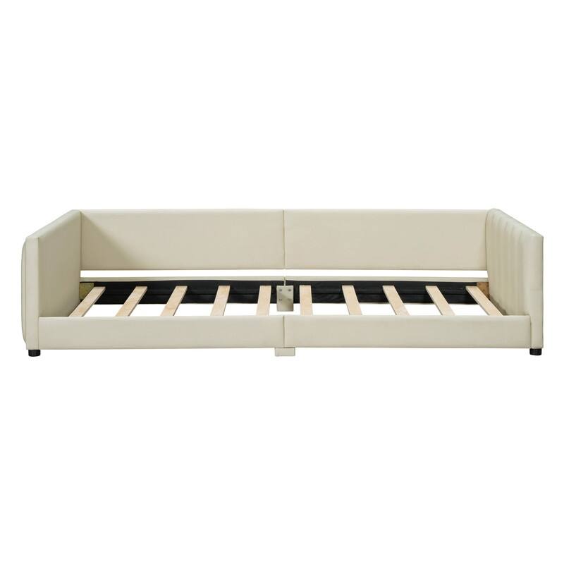 Queen Size & Twin XL Size Upholstered Platform Bed with Headboard, PU Leather Mother & Child Grounded Bed Floor Montessori Bed
