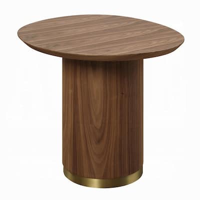 21 in. Walnut Brown and Gold Round Wood End Table with Pedestal Base