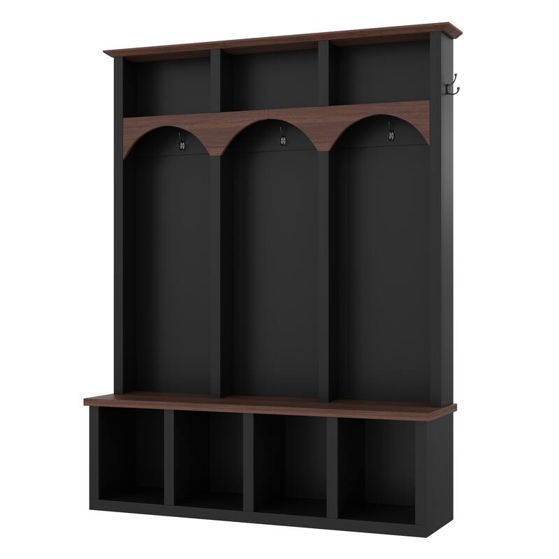 4-in-1Farmhouse Arched Design Hall Tree, Wooden Practical Entryway Walnut Storage Bench with 5 Black Hooks, 7 Cubbies