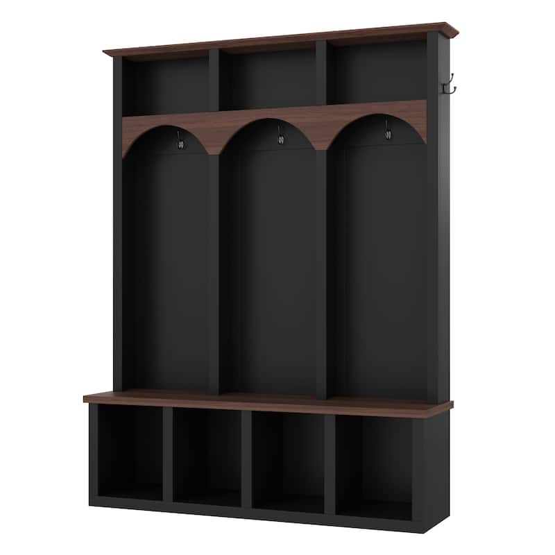 Farmhouse Hall Tree with Storage Bench & Shoe Cabinet, Arched Entryway Organizer with 5 Hooks and 7 Cubbies, Walnut Finish