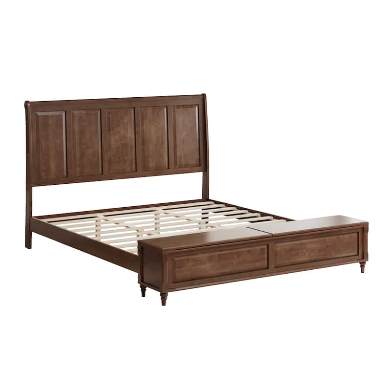 GDFStudio - Traditional Solid Wood Sleigh Bed Frame with High Paneled Headboard & Storage Chest Bench, No Box Spring Needed