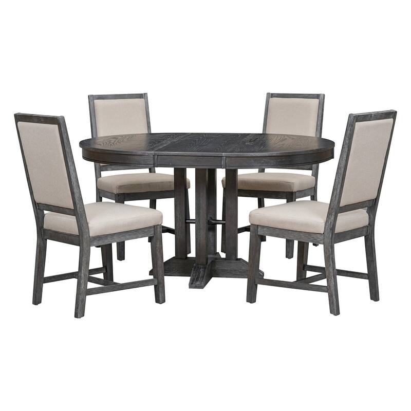 Spruce & Spring Round Dining Table Set for 4, Extendable 5-Piece Mid Century Modern Farmhouse Table with Upholstered Chairs