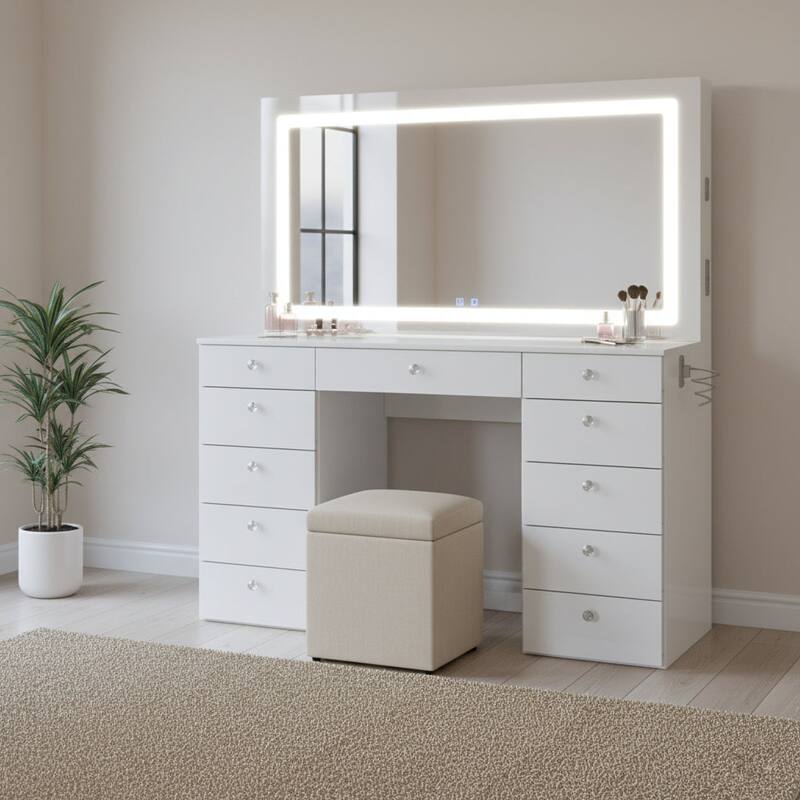 Extra-Large Vanity Desk with LED Mirror, Bluetooth Speakers, 11 Drawers and USB Ports