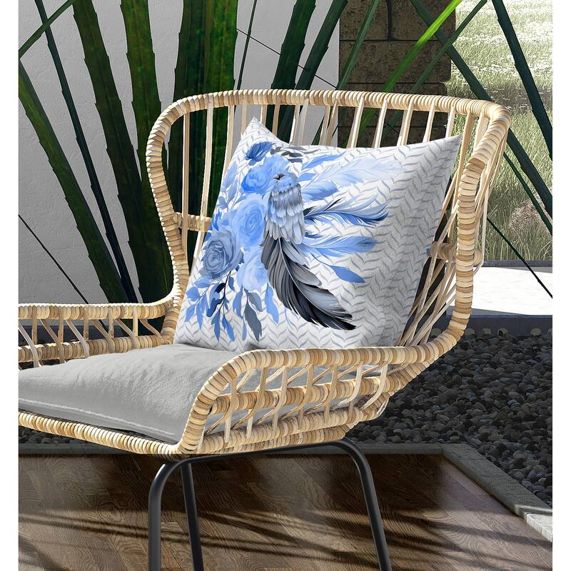 Feathered Bouquet Indoor/Outdoor Reversible Throw Pillow White and Blue